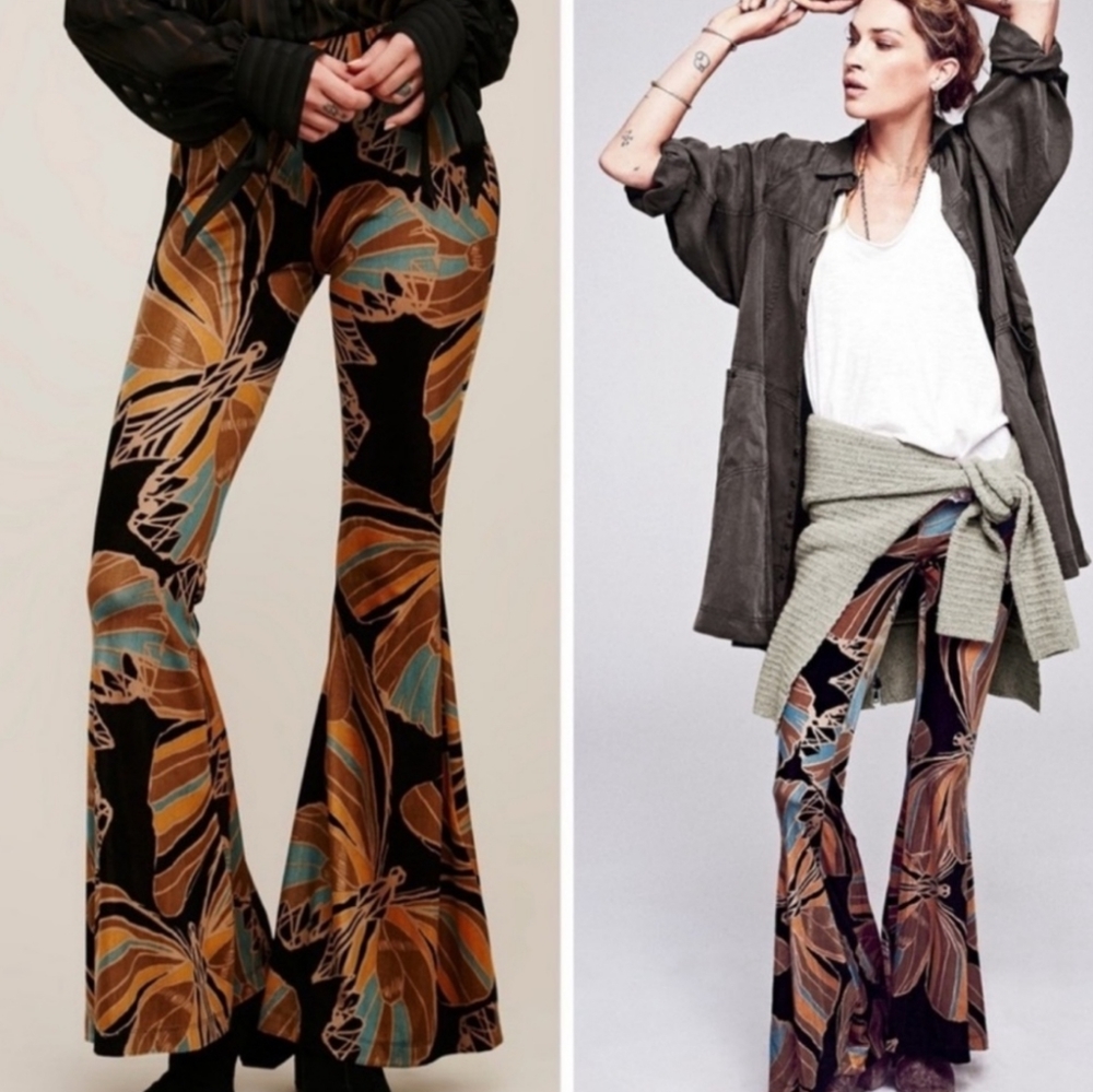 Free People Float Away Butterfly Velvet Bell Bottom Pants